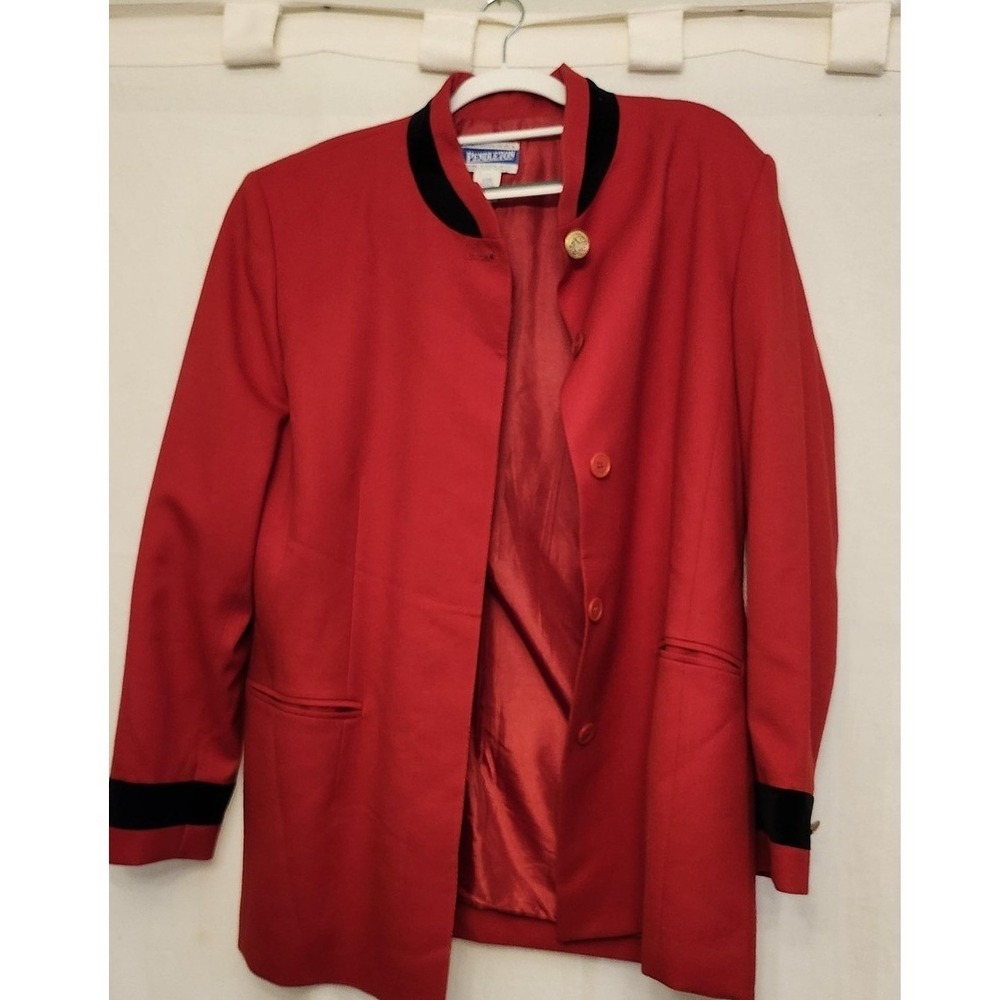 Vintage Pendleton Blazer Womens Medium Red Wool Velvet Trim Mandarin USA 90s
